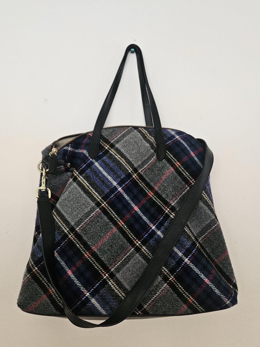 Large Talbots Plaid Wool Blend Satchel Tote Bag Leather Trim Crossbody Zipper.